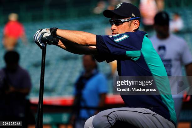 Ichiro Suzuki of the Seattle Mariners looks on during the MLB game against the Los Angeles Angels at Angel Stadium on July 10, 2018 in Anaheim,...