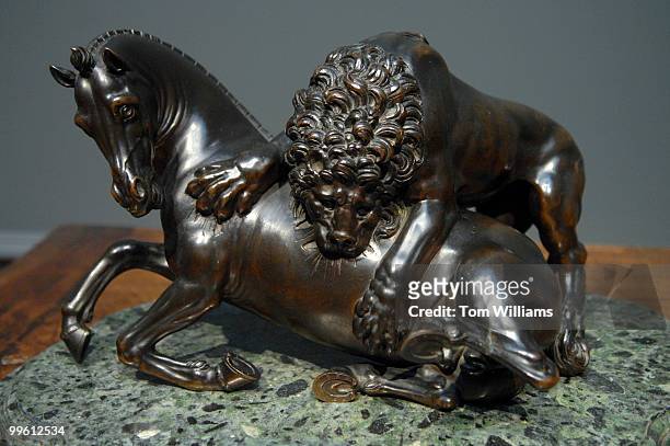 Lion Attacking a Stallion by Antonio Susini, late 16th or early 17th century, is on display at the National Gallery of Art "Bronze and Boxwood:...
