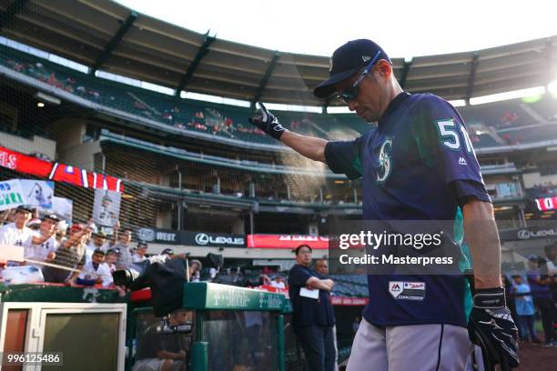 Ichiro Suzuki of the Seattle Mariners reacts during the MLB game against the Los Angeles Angels at Angel Stadium on July 10, 2018 in Anaheim,...