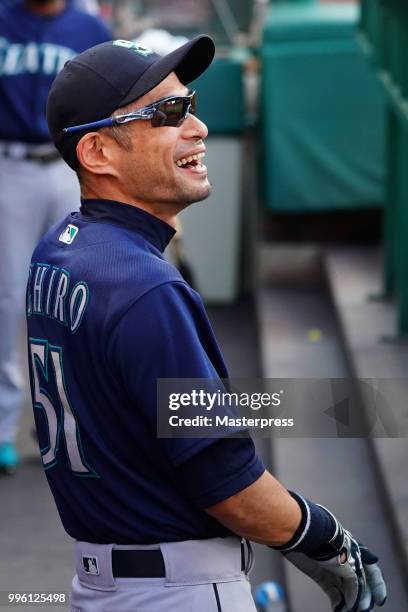 Ichiro Suzuki of the Seattle Mariners smiles during the MLB game against the Los Angeles Angels at Angel Stadium on July 10, 2018 in Anaheim,...