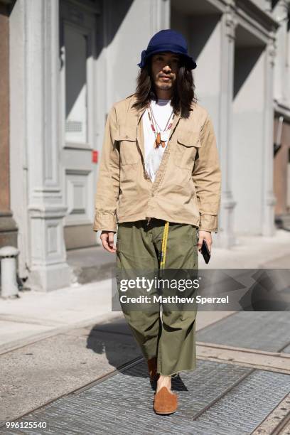 Naoki Hamano is seen on the street attending Men's New York Fashion Week wearing vintage outfit with Saba shoes on July 10, 2018 in New York City.