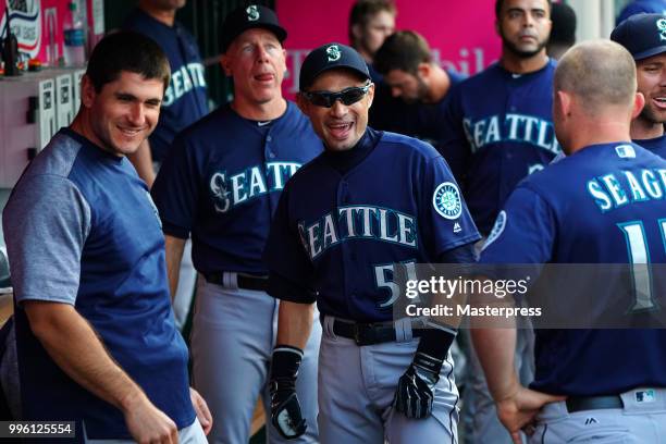Ichiro Suzuki of the Seattle Mariners smiles during the MLB game against the Los Angeles Angels at Angel Stadium on July 10, 2018 in Anaheim,...