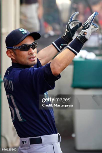 Ichiro Suzuki of the Seattle Mariners looks on during the MLB game against the Los Angeles Angels at Angel Stadium on July 10, 2018 in Anaheim,...