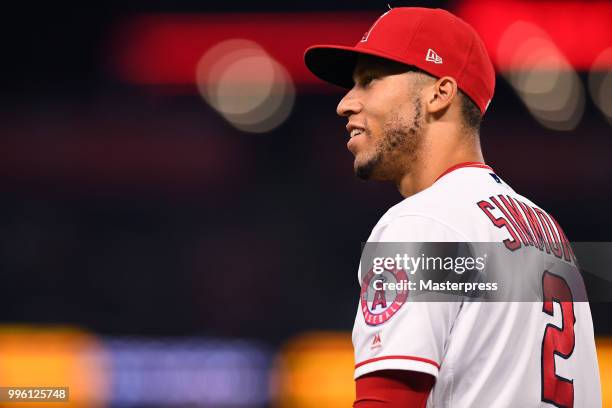 Andrelton Simmons of the Los Angeles Angels of Anaheim smiles during the MLB game against the Seattle Mariners at Angel Stadium on July 10, 2018 in...