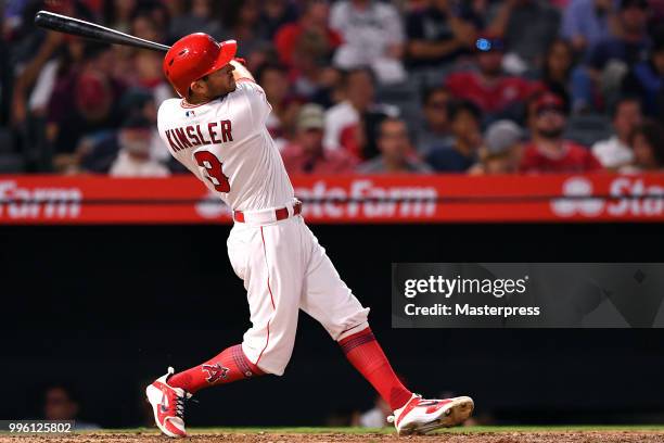 Ian Kinsler of the Los Angeles Angels of Anaheim at bat during the MLB game against the Seattle Mariners at Angel Stadium on July 10, 2018 in...