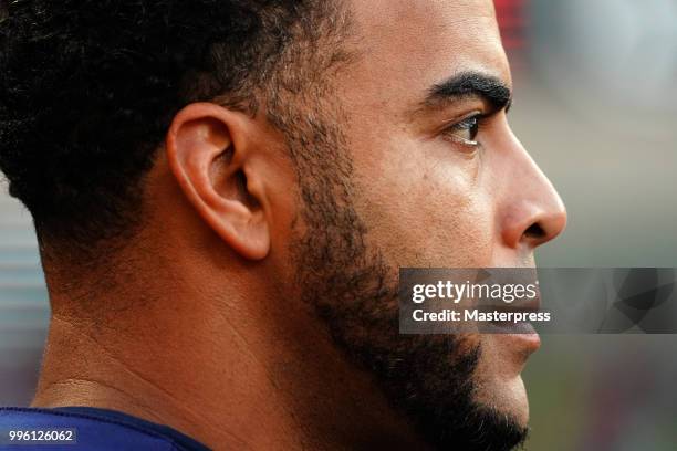 Nelson Cruz of the Seattle Mariners is seen during the MLB game against the Los Angeles Angels at Angel Stadium on July 10, 2018 in Anaheim,...