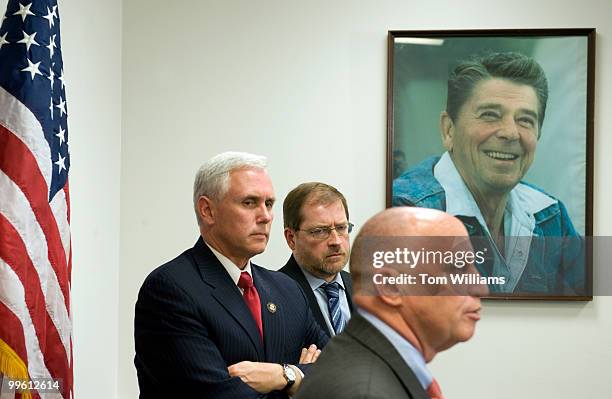 From left, Rep. Mike Pence, R-Ind., Grover Norquist, Americans for Tax Reform, and Rep. Kevin Brady, R-Texas, conduct a news conference on their...