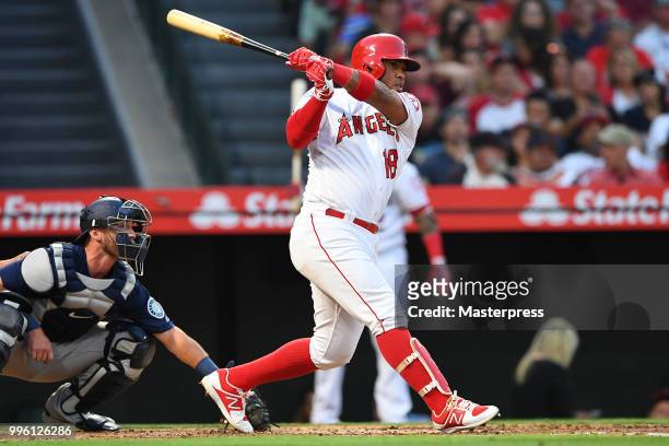 Luis Valbuena of the Los Angeles Angels of Anaheim at bat during the MLB game against the Seattle Mariners at Angel Stadium on July 10, 2018 in...