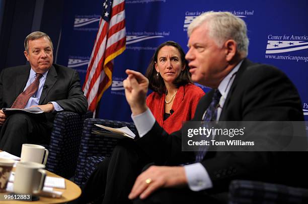 Senate Majority Whip Richard Durbin, left, and Winnie Stachelberg of Center for American Progress , listen to House Democratic Caucus Chairman John...