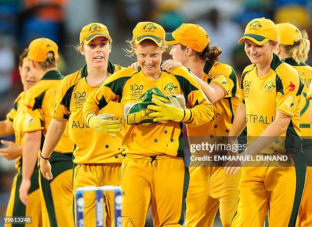 Australian players wrongly celebrate the dismissal of New Zealand player Rachel Priest after a mistake from the third umpire during the Women's ICC...