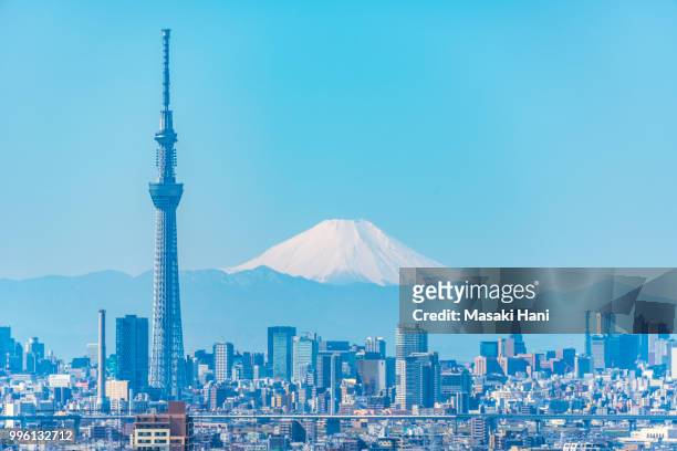 tokyo city view and tokyo skytree with mt fuji - masaki stock pictures, royalty-free photos & images