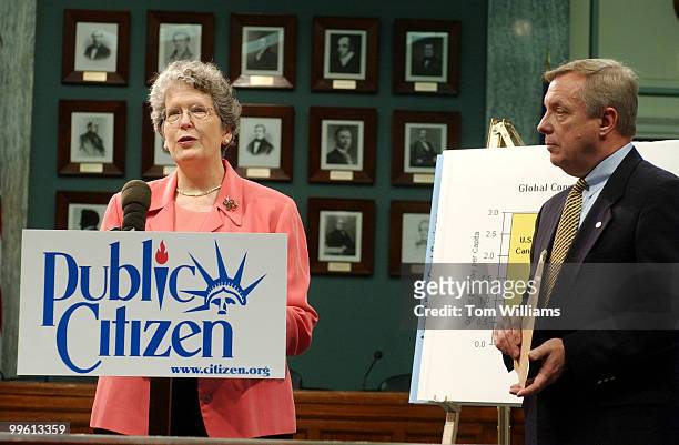 Joan Claybrook, president of Public Citizen, and Sen. Richard Durbin, D-Ill., attend a news conference to announce the launch of a web-based campaign...