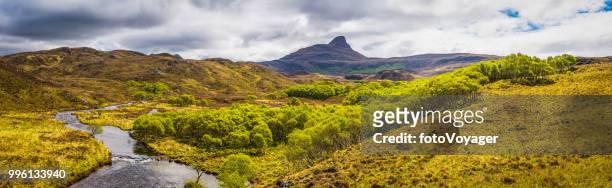 scotland stream flowing through mountain glen stac pollaidh highlands panorama - wester ross stock pictures, royalty-free photos & images