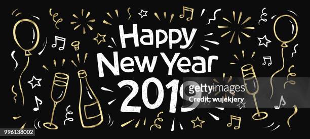 hand drawn 2019 happy new year banner - new years eve 2019 stock illustrations