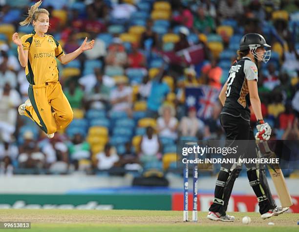 Australian cricketer Ellyse Perry celebrates the wicket Amy Satterthwaite during the Women's ICC World Twenty20 final match between Australia and New...