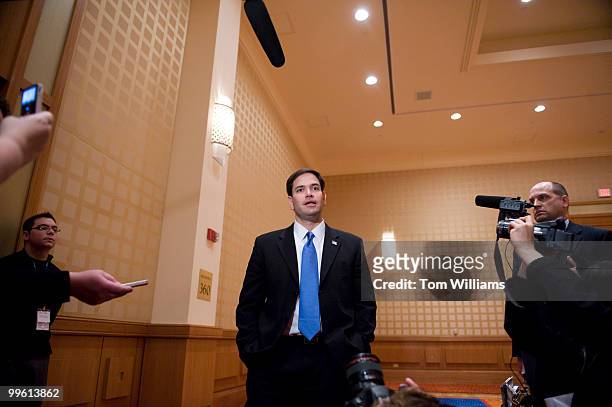Senate candidate Marco Rubio, R-Fla., talks with the media after addressing the Conservative Political Action Conference held at the Marriott Wardman...