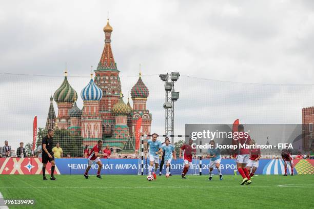 Diego Forlan controls the ball during the Legends Football Match in Red Square on July 11, 2018 in Moscow, Russia.