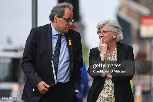 President of the Generalitat of Catalonia Quim Torra and former Catalan Minister Professor Clara Ponsati attend a press conference ahead of a meeting...