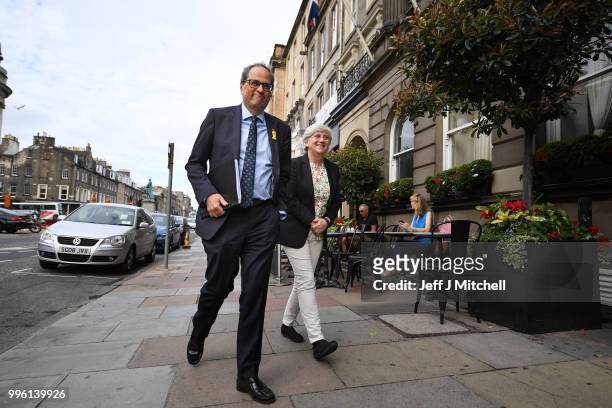President of the Generalitat of Catalonia Quim Torra and former Catalan Minister Professor Clara Ponsati attend a press conference ahead of a meeting...
