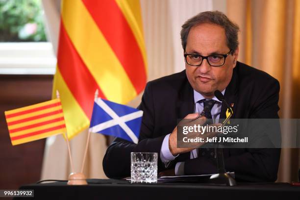 President of the Generalitat of Catalonia Quim Torra attends a press conference ahead of a meeting with Scotland's First Minister Nicola Sturgeon on...