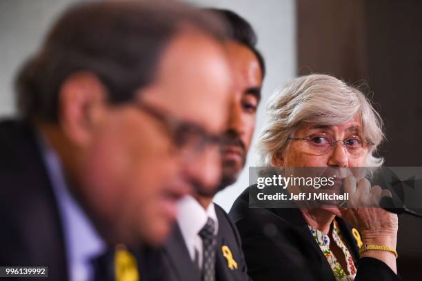 President of the Generalitat of Catalonia Quim Torra, lawyer Aamer Anwar and former Catalan Minister Professor Clara Ponsati attend a press...