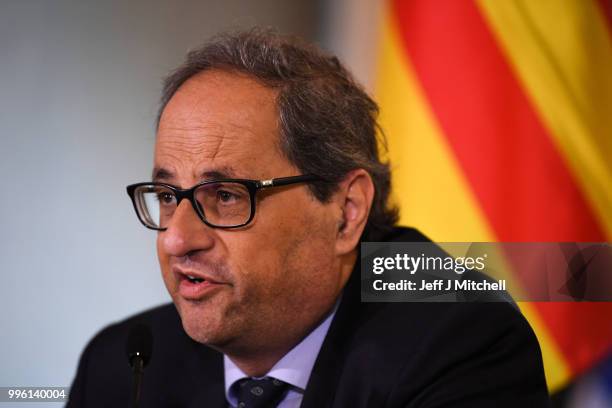 President of the Generalitat of Catalonia Quim Torra attends a press conference ahead of a meeting with Scotland's First Minister Nicola Sturgeon on...