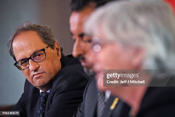 President of the Generalitat of Catalonia Quim Torra, lawyer Aamer Anwar and former Catalan Minister Professor Clara Ponsati attend a press...