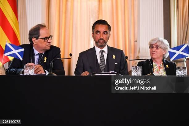 President of the Generalitat of Catalonia Quim Torra, lawyer Aamer Anwar and former Catalan Minister Professor Clara Ponsati attend a press...