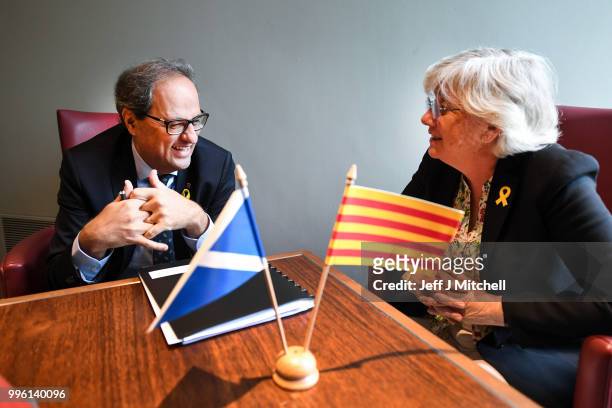 President of the Generalitat of Catalonia Quim Torra and former Catalan Minister Professor Clara Ponsati attend a press conference ahead of a meeting...