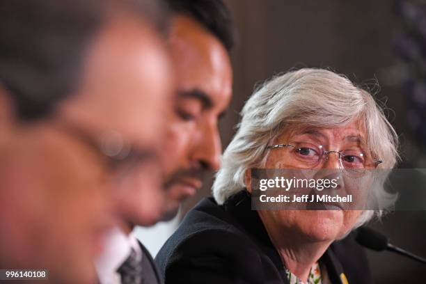 President of the Generalitat of Catalonia Quim Torra, lawyer Aamer Anwar and former Catalan Minister Professor Clara Ponsati attend a press...