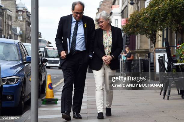 Former Catalan education minister Clara Ponsati and Calatan President Quim Torra arrive to hold a press conference in Edinburgh on July 11, 2018 ....