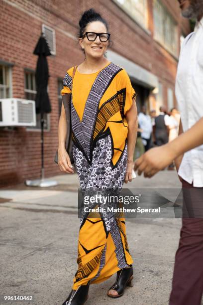 Haidee Findlaylevin is seen on the street attending Men's New York Fashion Week wearing Tanzanian Kaftan on July 10, 2018 in New York City.