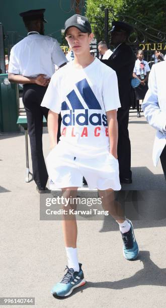 Romeo Beckham attends day nine of the Wimbledon Tennis Championships at the All England Lawn Tennis and Croquet Club on July 11, 2018 in London,...