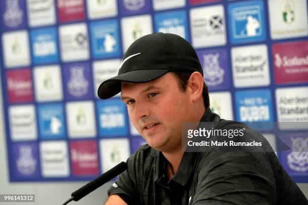 Patrick Reed of USA speaks to the media during previews for the Aberdeen Standard Investments Scottish Open at Gullane Golf Course on July 11, 2017...