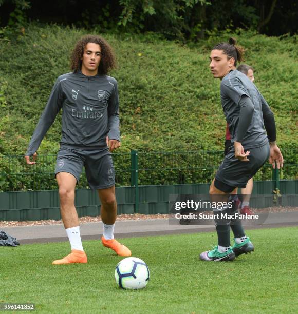 Matteo Guendouzi and Hector Bellerin of Arsenal during a training session at London Colney on July 11, 2018 in St Albans, England.