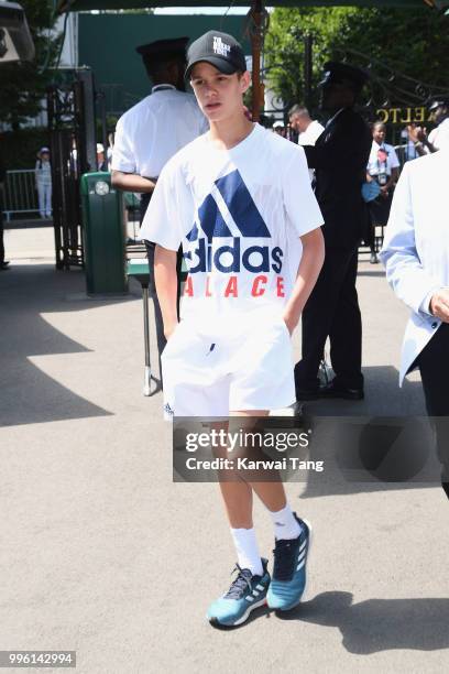 Romeo Beckham attends day nine of the Wimbledon Tennis Championships at the All England Lawn Tennis and Croquet Club on July 11, 2018 in London,...