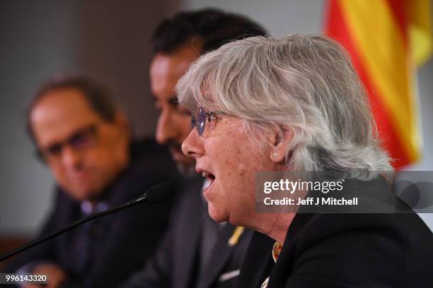 President of the Generalitat of Catalonia Quim Torra, lawyer Aamer Anwar and former Catalan Minister Professor Clara Ponsati attend a press...