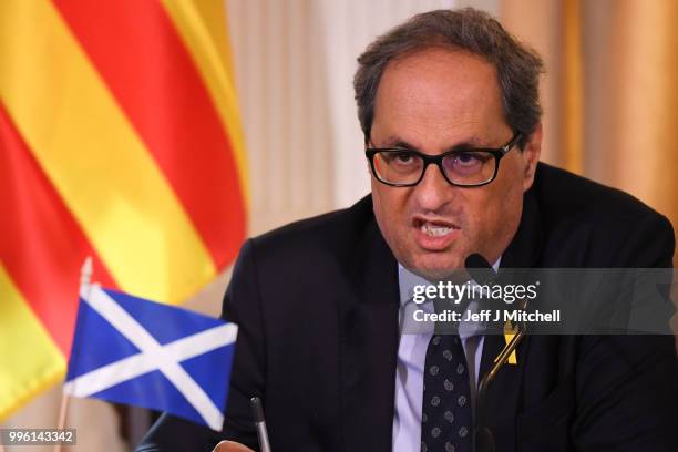 President of the Generalitat of Catalonia Quim Torra attends a press conference ahead of a meeting with Scotland's First Minister Nicola Sturgeon on...