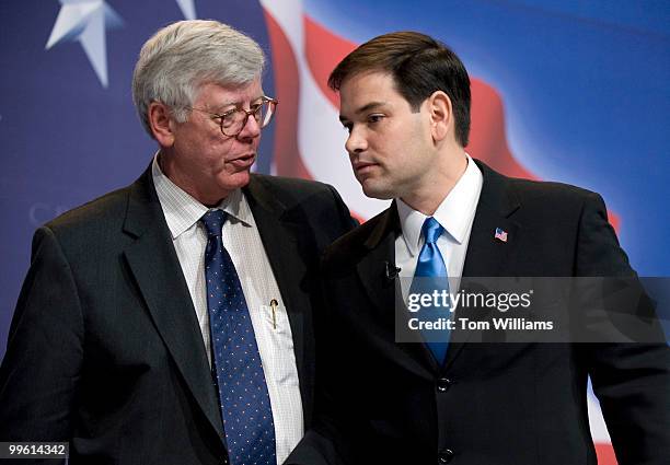 Senate Candidate Marco Rubio, right, talks with David Keene, chairman of the American Conservative Union, after Rubio addressed the Conservative...