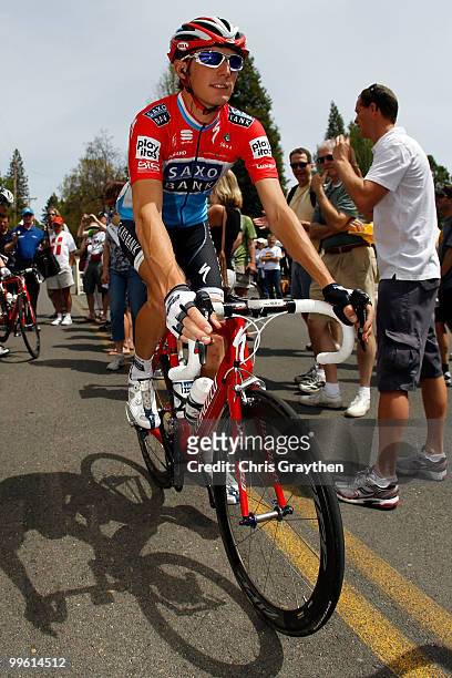 Andy Schleck of Luxembourg of team Saxo Bank rides to the start of stage one of the Tour of California on May 16, 2010 in Nevada City, California.
