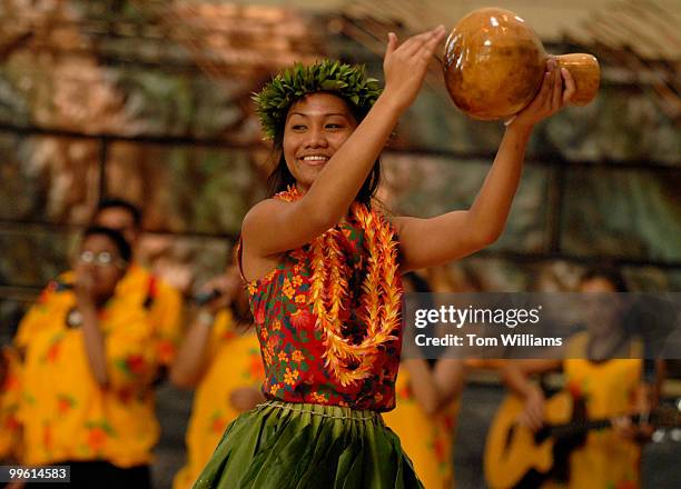 Performer from Na Pau Mae'ole, a musical and dance ensemble from Pahoa High and Intermediate School in Hawaii, dances at National Museum of the...
