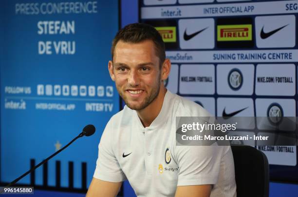 Internazionale new signing Stefan De Vrij speaks to the media during a press conference at the club's training ground Suning Training Center in...