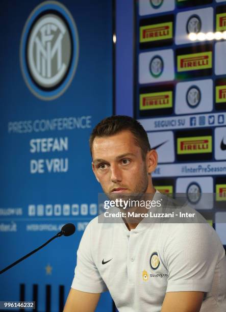 Internazionale new signing Stefan De Vrij speaks to the media during a press conference at the club's training ground Suning Training Center in...