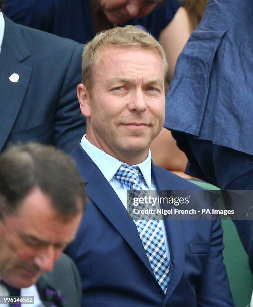 Sir Chris Hoy in the royal box on centre court on day nine of the Wimbledon Championships at the All England Lawn Tennis and Croquet Club, Wimbledon.