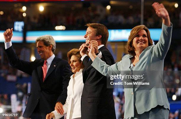 From left, Sen. John Kerry, D-Mass., Teresa Heinz Kerry, Sen. John Edwards and wife Elizabeth, appear on stage on the night Kerry was nominated as...