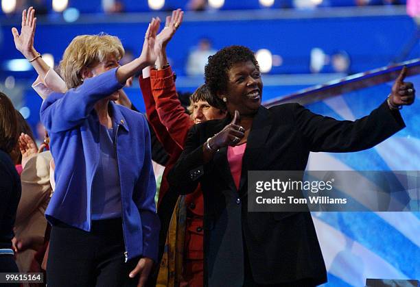 Congresswomen from left, Tammy Baldwin, D-Wis., Rosa DeLauro, D-Conn., and Stephanie Tubbs Jones, D-Ohio, were honored on the night Sen. John Kerry,...