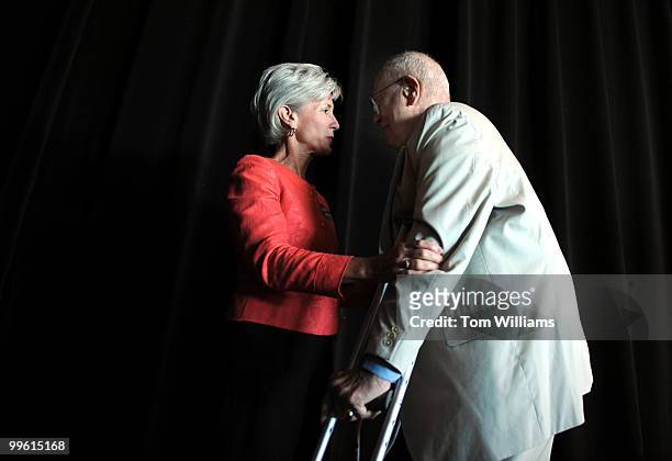 Rep. John Dingell, D-Mich., greets Gov. Kathleen Sebelius, D-Kan., during a forum on health care co-sponsored by Families USA and SEIU, held at the...
