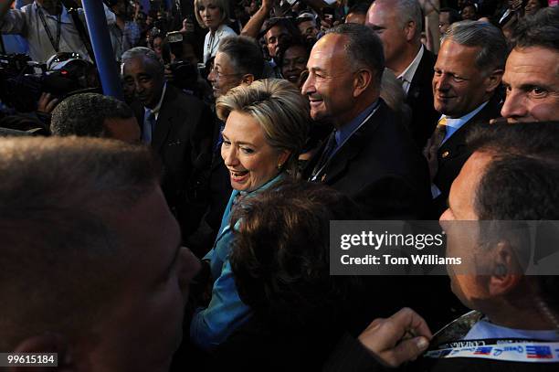 Sen. Hillary Clinton, D-N.Y., greets celebrates with New York political leaders after casting the state's vote for Barack Obama to be the democratic...