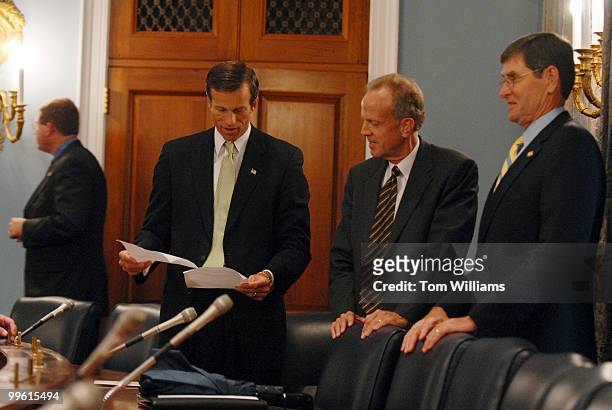 From left, Sen. John Thune, D-S.D., Reps. Jerry Moran, R-Kan., and Jim Ryun, R-Kan., prepare for a news conference highlighting the need for disaster...