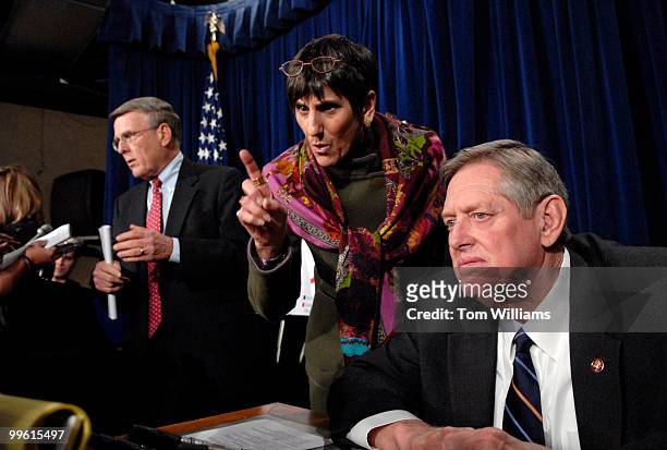 From left, Sen. Byron Dorgan, D-N.D., Rep. Rosa DeLauro, D-Conn., and Rep. Marion Berry, D-Ark., speak to the press after a news conference...
